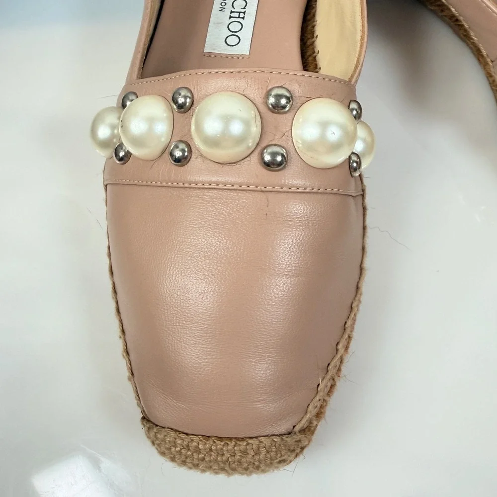 Jimmy Choo Blush Dru Leather Pearl Studded Espadrille Flats Pink Womens 36 6